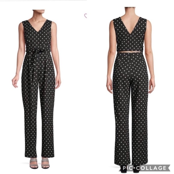 💋NWT CALVIN Klein PolkaDot Cross Back Wide Leg Jumpsuit Size 10 - Picture 1 of 13
